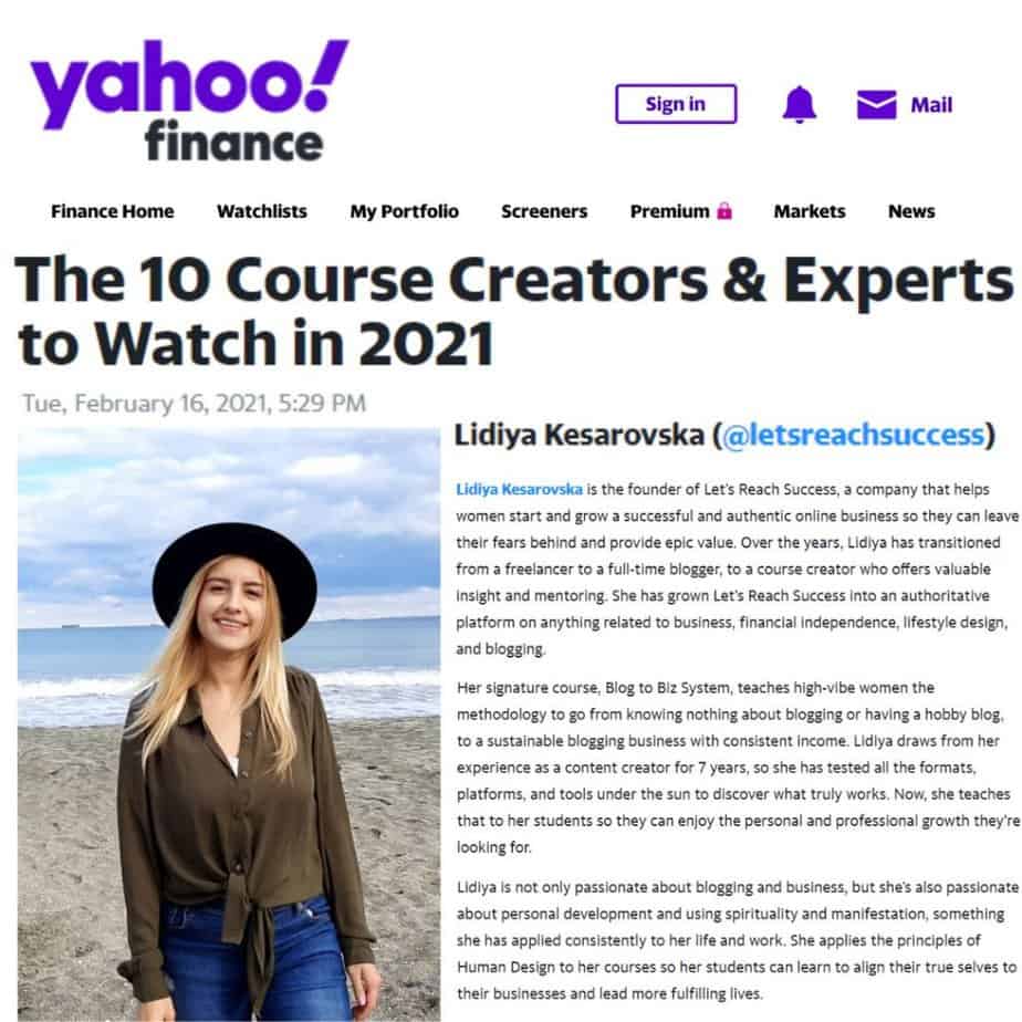 lidiya kesarovska in yahoo finance - top course creators in 2021